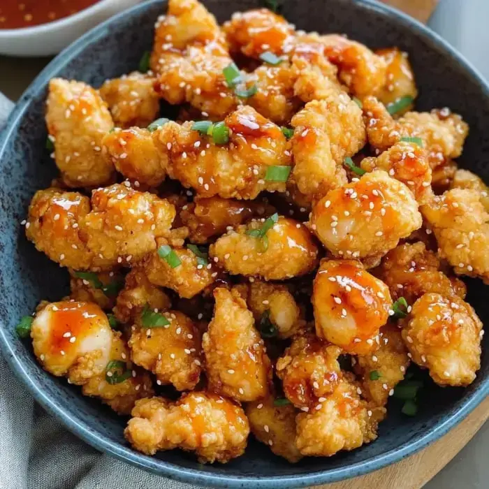 Crunchy chicken bites topped with sesame seeds and green onions sit in a bowl, glistening with sauce.