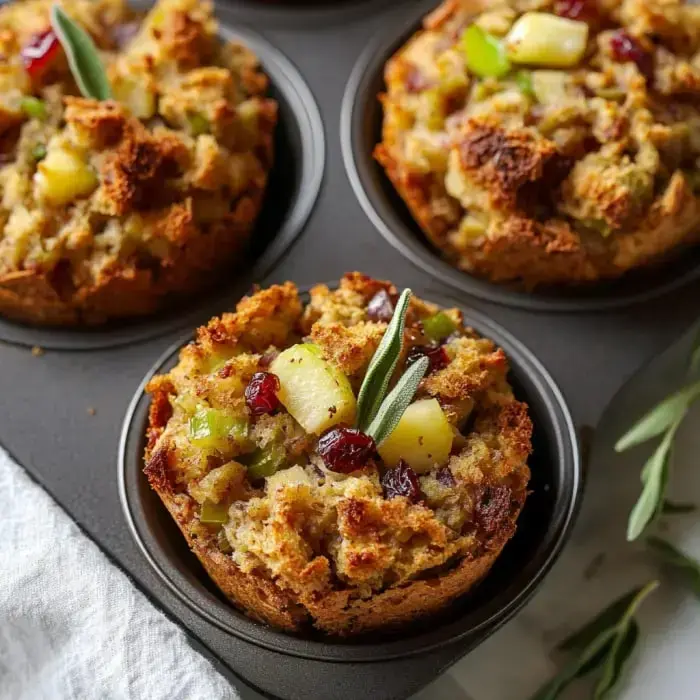 Stuffing muffins baked in a gray tin with herbs, cranberries, apples, and green veggies on top for color.