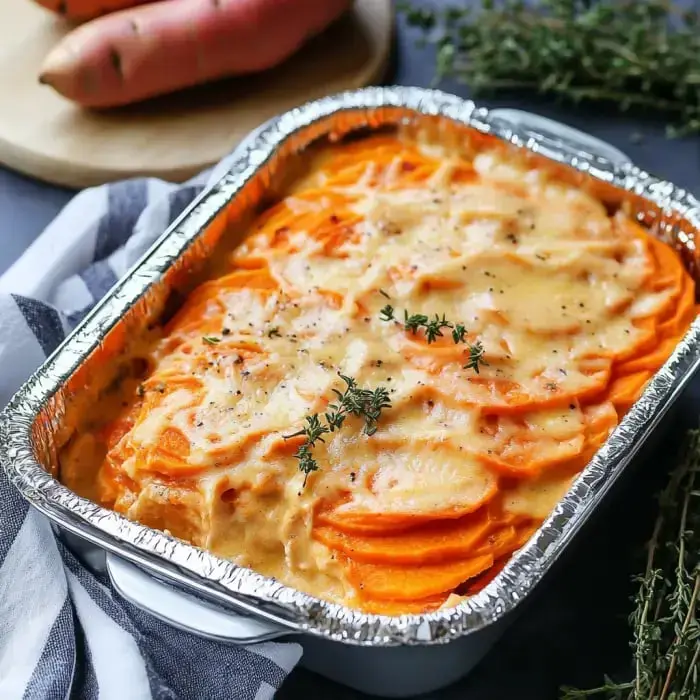 Slices of sweet potatoes baked in rich sauce with thyme garnish.