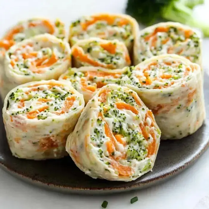 Colorful tortilla wraps stuffed with carrots, broccoli, and cream cheese on a plate.