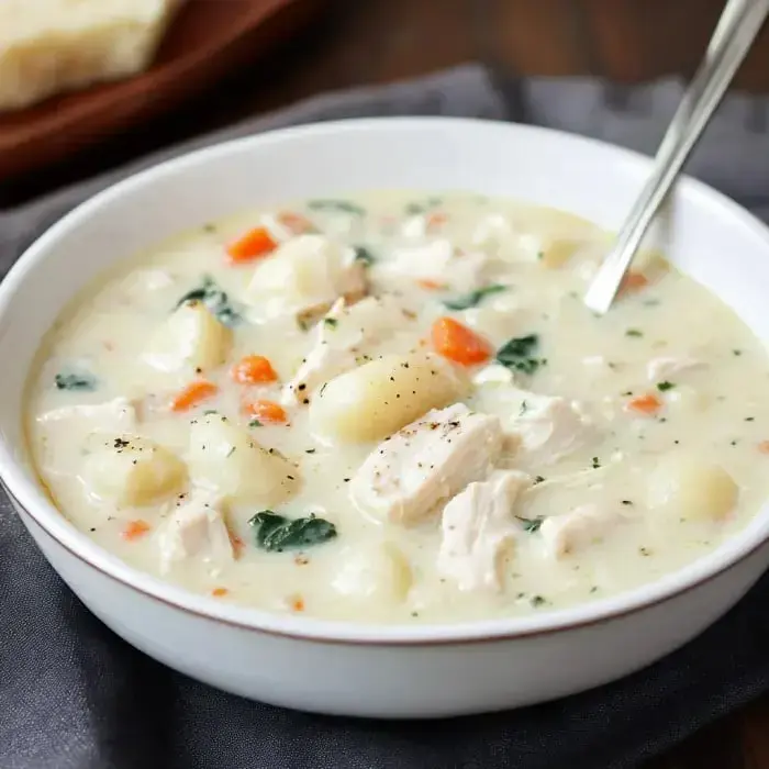 Creamy chicken soup topped with black pepper and filled with vegetables and gnocchi.
