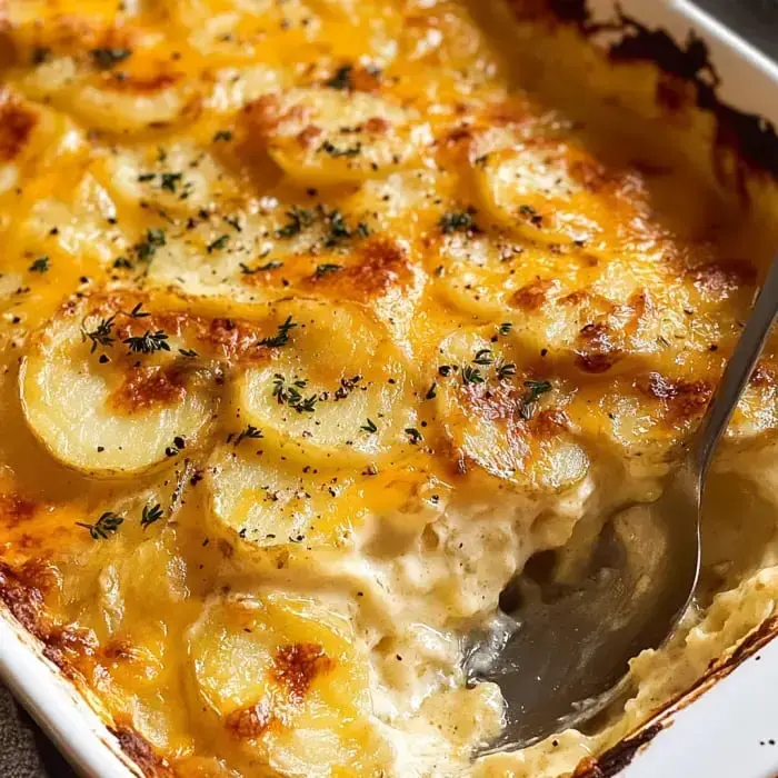 Rich potato casserole baked with cheese, bubbling golden on top, and sprinkled lightly with herbs.