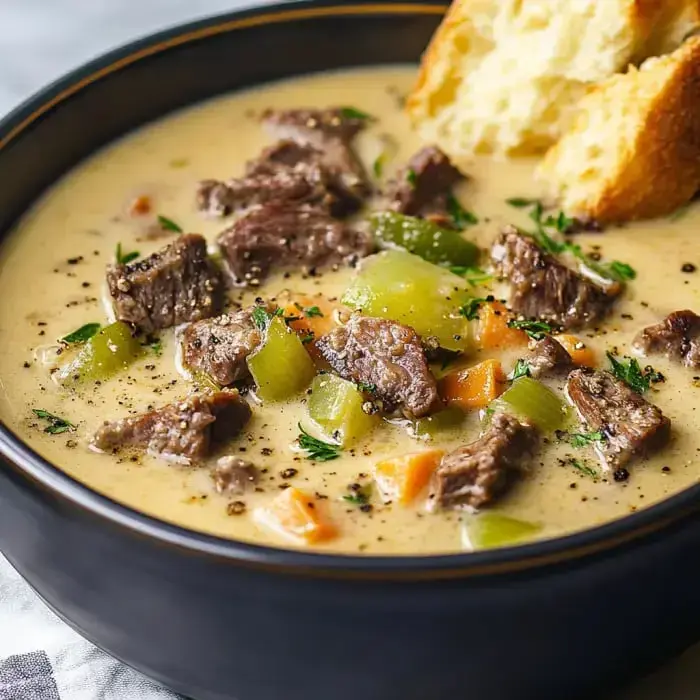 A creamy bowl packed with tender beef chunks, sautéed veggies, and a toasted bread slice.