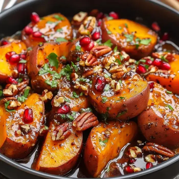 Close-up of caramelized sweet potatoes topped with crunchy pecans, fresh pomegranate seeds, and a shiny glaze.