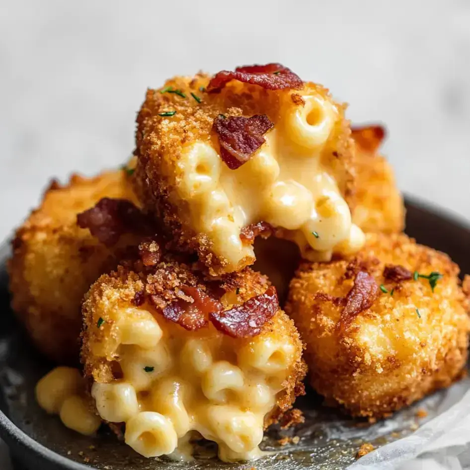 Golden mac bites filled with gooey cheese and bacon, stacked neatly on a plate with macaroni peeking through.