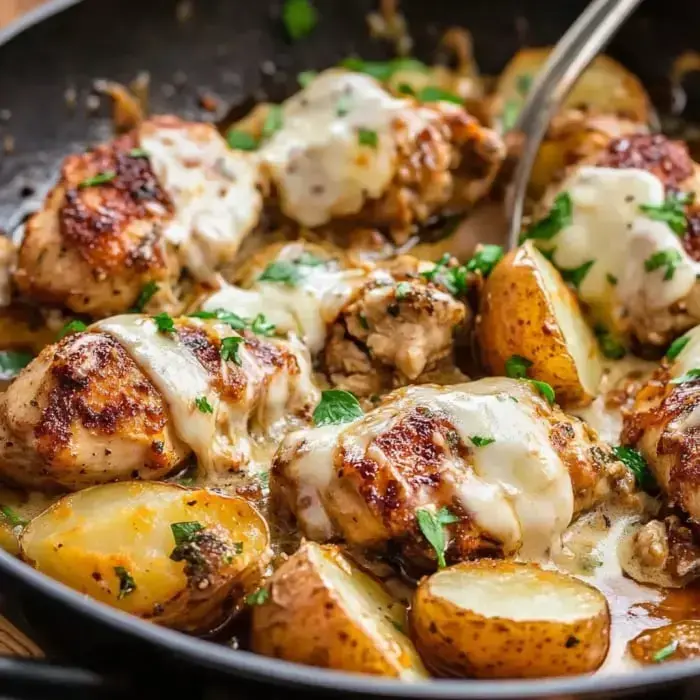 A pan of golden chicken thighs topped with melted cheese, surrounded by roasted potatoes and sprinkled with fresh herbs.