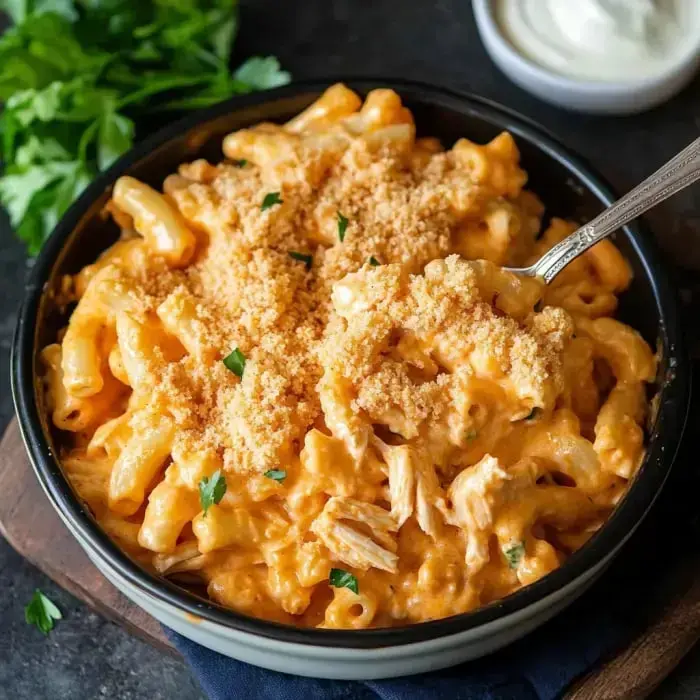 A cozy plate of mac and cheese with golden breadcrumbs and parsley, served with a side of sour cream.