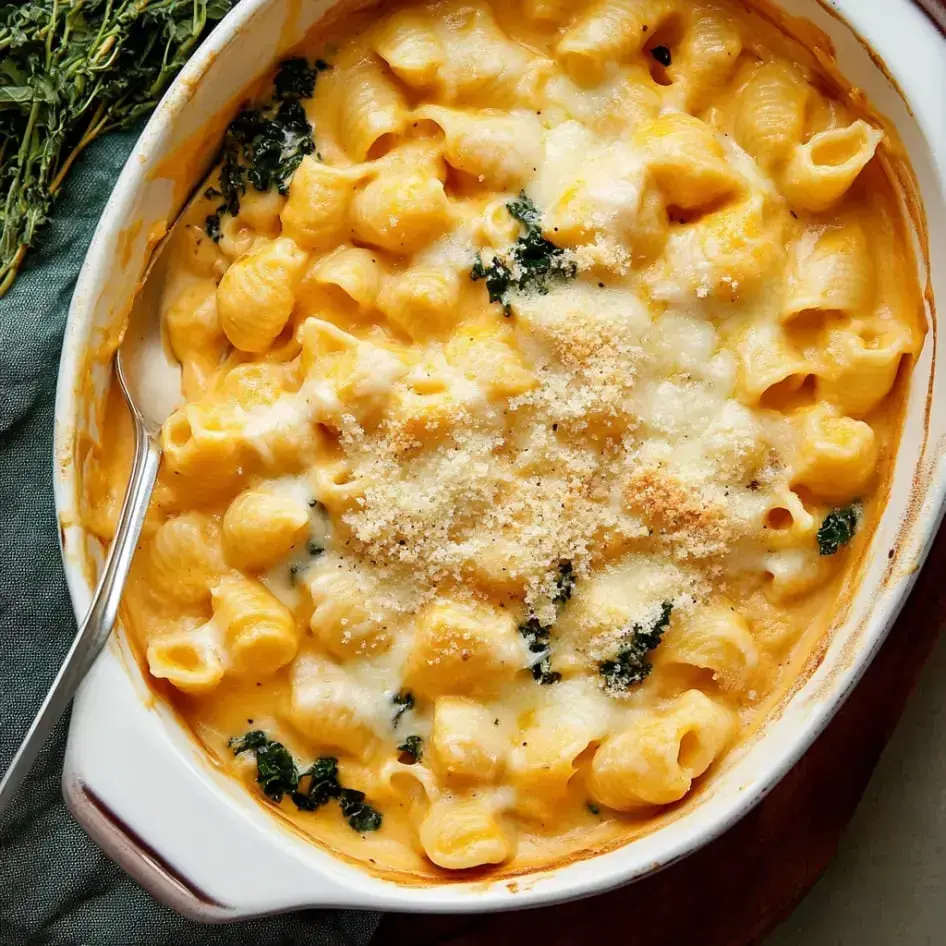 Buttery pasta bake with kale and cheese in a white dish, sprinkled with crispy crumbs.