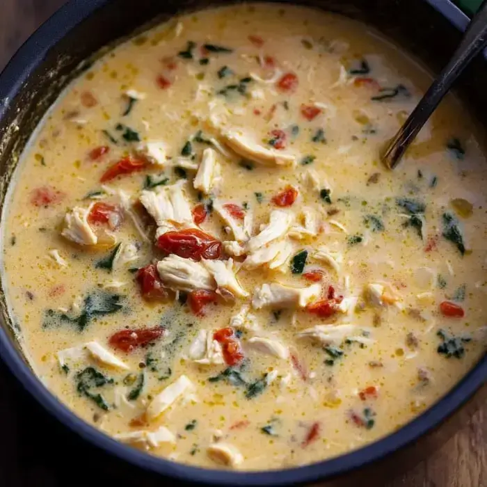 Creamy soup in a bowl topped with sun-dried tomatoes, chicken, and spinach.