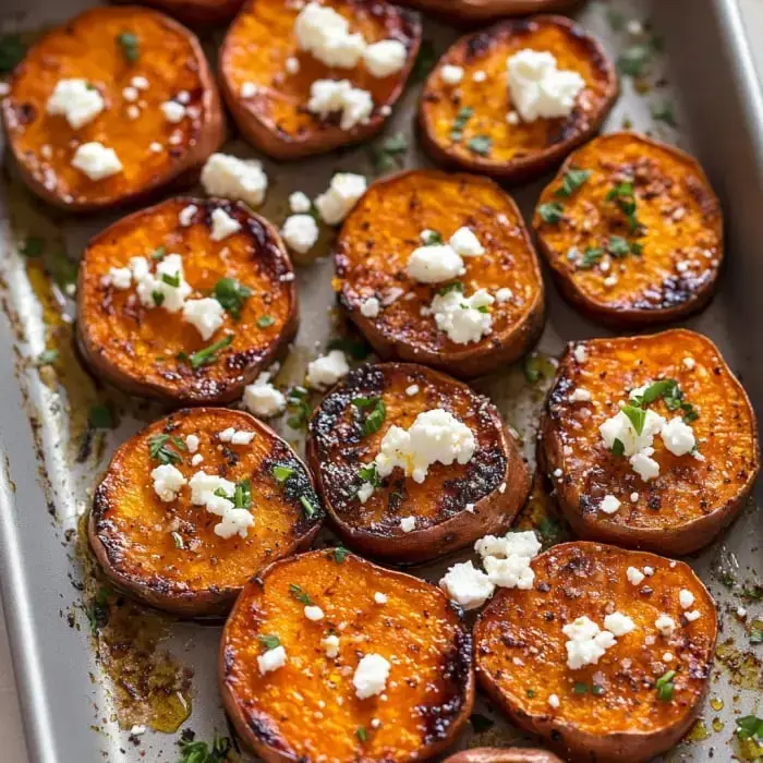 Crispy sweet potato slices with honey, crumbled feta, and herbs on a tray.