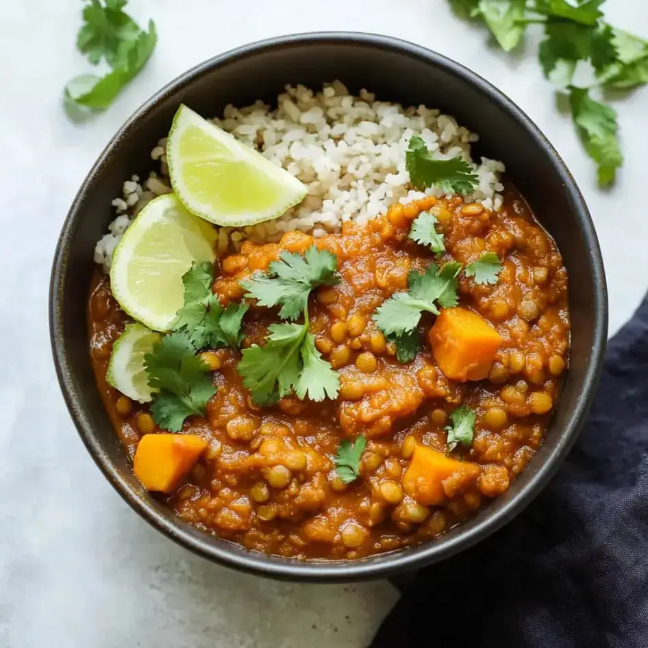 A serving of lentil curry with chunks of sweet potatoes, garnished with fresh cilantro and lime, next to a bowl of fluffy brown rice.