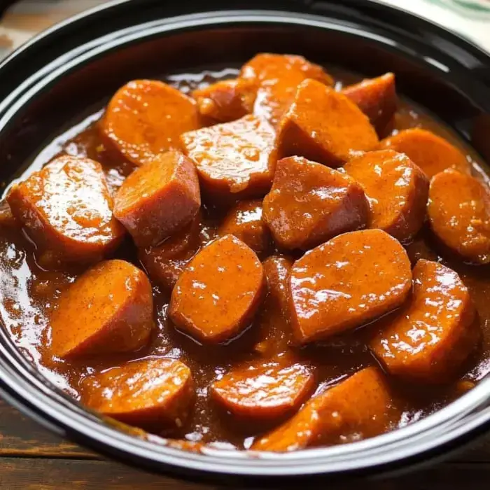 Black bowl holding sausage slices covered in a rich reddish-brown sauce up close.