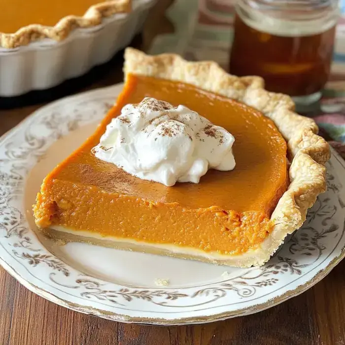 A whipped cream-topped pumpkin pie slice on a decorative plate with a full pie and jar nearby.