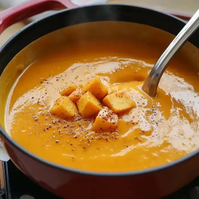 A bubbling orange soup in a pot, topped with small chunks and a dash of pepper.