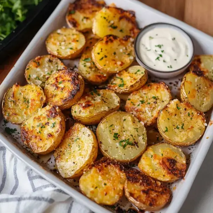 Crispy wedge potatoes topped with fresh herbs and served next to a small dipping bowl.