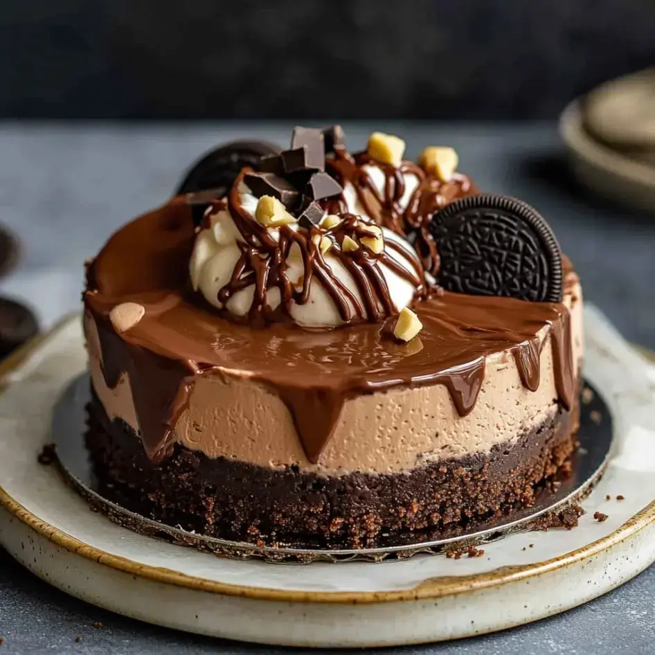 A rich Nutella cheesecake with whipped topping, chocolate drizzle, and crunchy hazelnuts over an Oreo cookie layer.