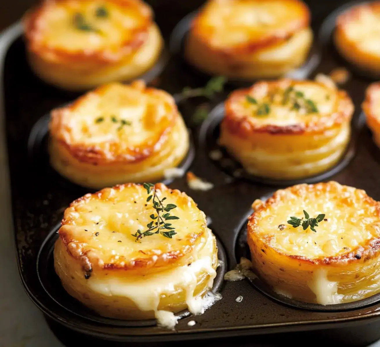 Golden potato stacks baked in a muffin tin, garnished with thyme.
