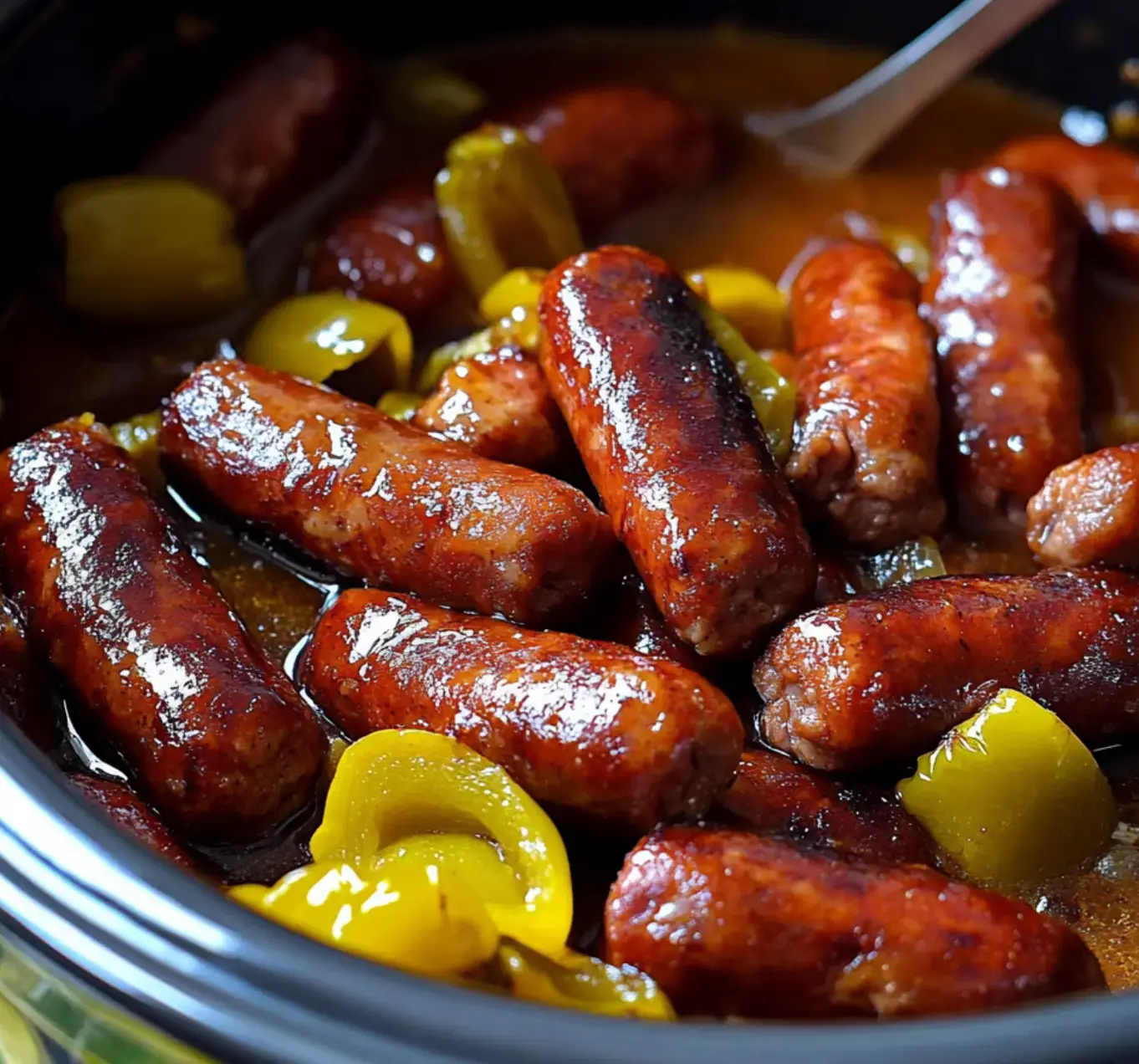 Close-up of sausages cooked with yellow peppers in a flavorful sauce, served straight from a slow cooker.