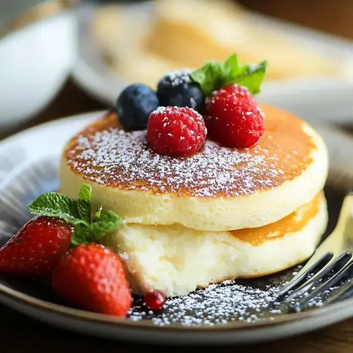 A stack of light, fluffy Japanese pancakes sprinkled with powdered sugar, surrounded by fresh berries and a sprig of mint.