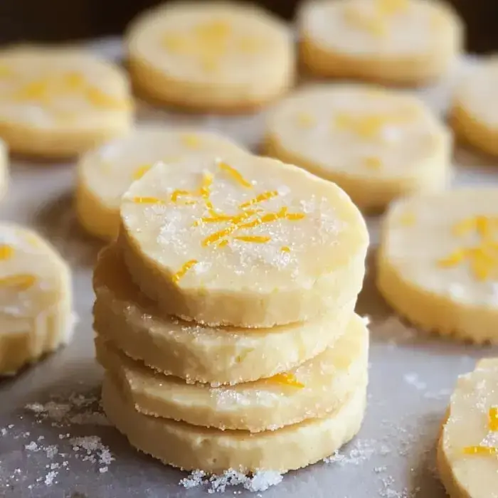 Round buttery cookies with a sparkle of yellow sugar on top, stacked and scattered across a baking tray.