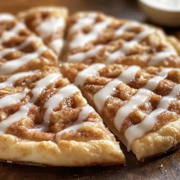Close-up of triangular cinnamon-sugar pizza slices drizzled with glaze on a wooden table.