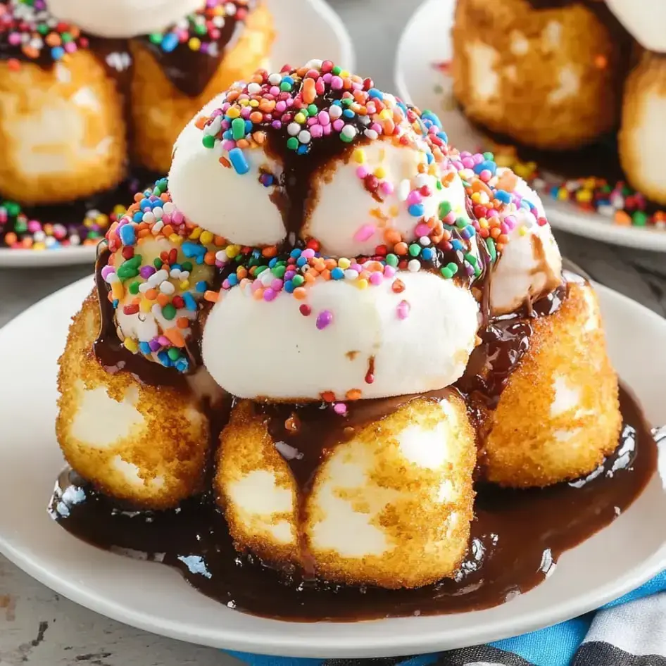 Dessert with golden fried marshmallow balls, sprinkles, whipped cream, and chocolate drizzle.