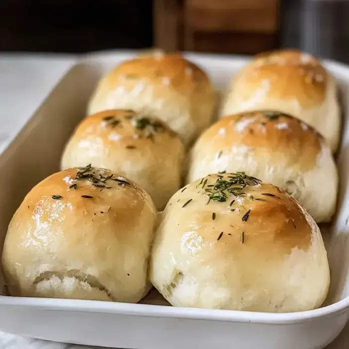 Golden dinner rolls with a sprinkling of fresh herbs, sitting on a baking tray.