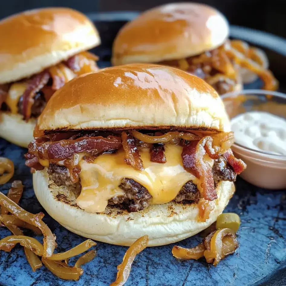 Close-up of a juicy burger topped with gooey cheese, crispy bacon, and caramelized onions plus a dipping sauce on the side.