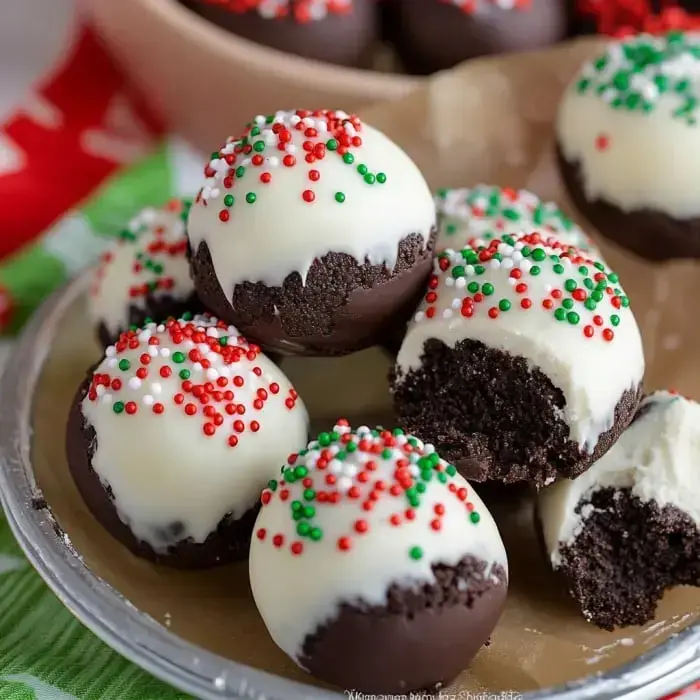 Chocolate-covered Oreo cookie balls with festive sprinkles and white drizzle on a plate.
