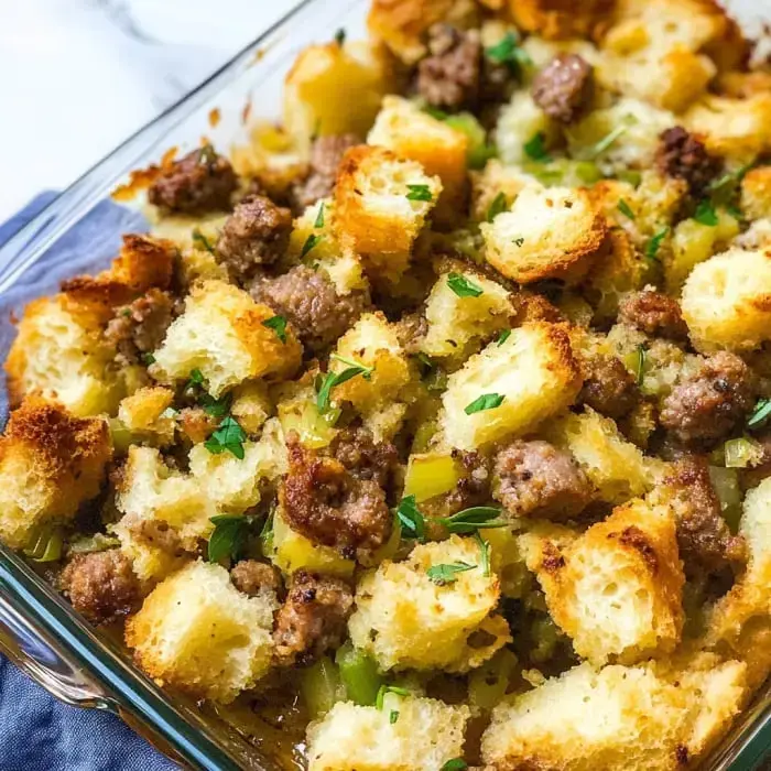 A close look at a dish of sausage stuffing topped with fresh parsley.