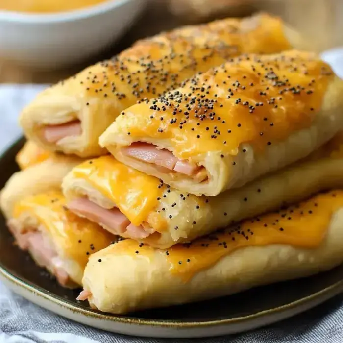 A plate holding golden, cheesy pastries stuffed with ham and topped with poppy seeds.