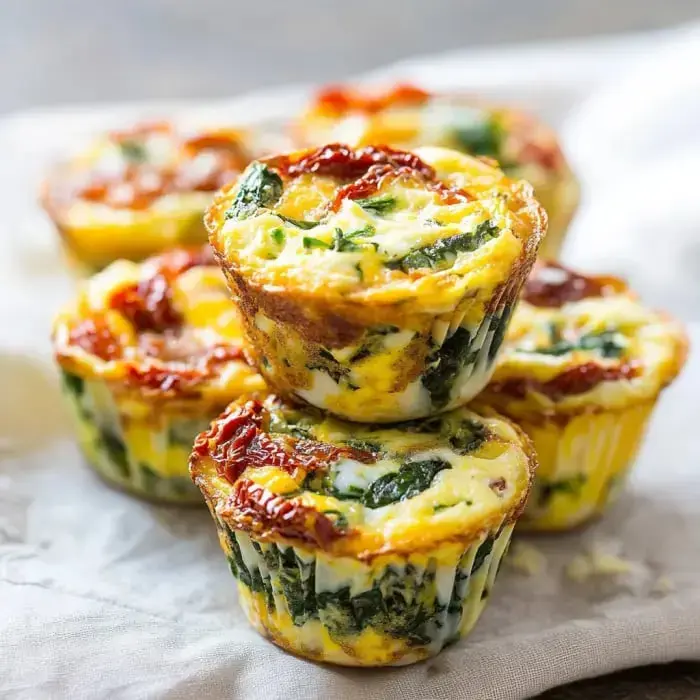 Freshly made spinach egg muffins stacked neatly on a soft fabric backdrop.