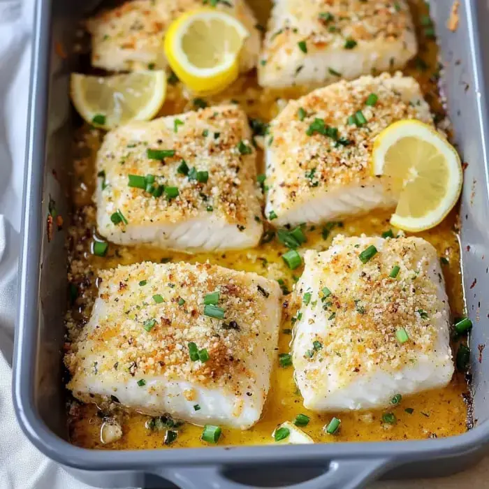 Golden-baked fish fillets with a Parmesan topping, garnished with lemons and green onions in a dish.