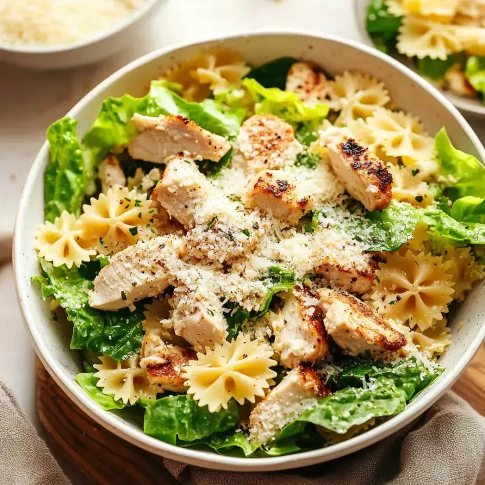 A big bowl of Caesar salad with bowtie pasta, grilled chicken, romaine, cheese, and herbs on top.