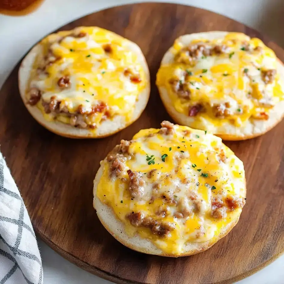 Three muffin halves crisped and topped with sausage and golden cheese, garnished with herbs on a wooden board.