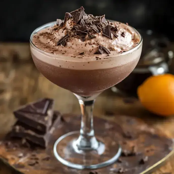 A rich glass of chocolate mousse topped with curls of chocolate, served next to chocolate pieces and a lemon slice.