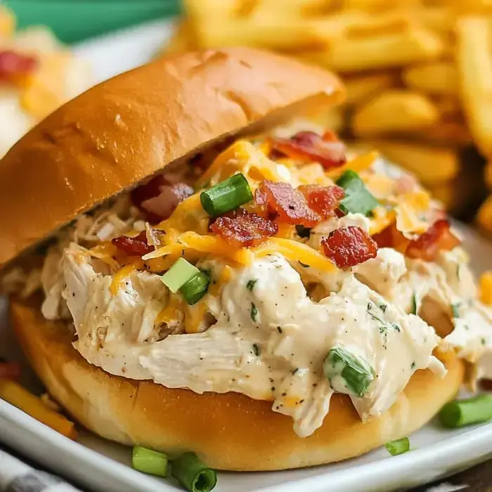 A sandwich loaded with shredded chicken, bacon, cheese, and scallions, served next to some fries.