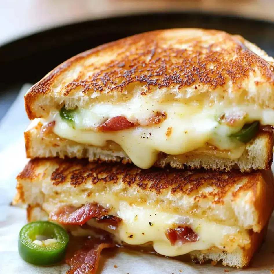Close-up of a cheesy grilled sandwich with crispy jalapeños, bacon, and golden layers of bread.