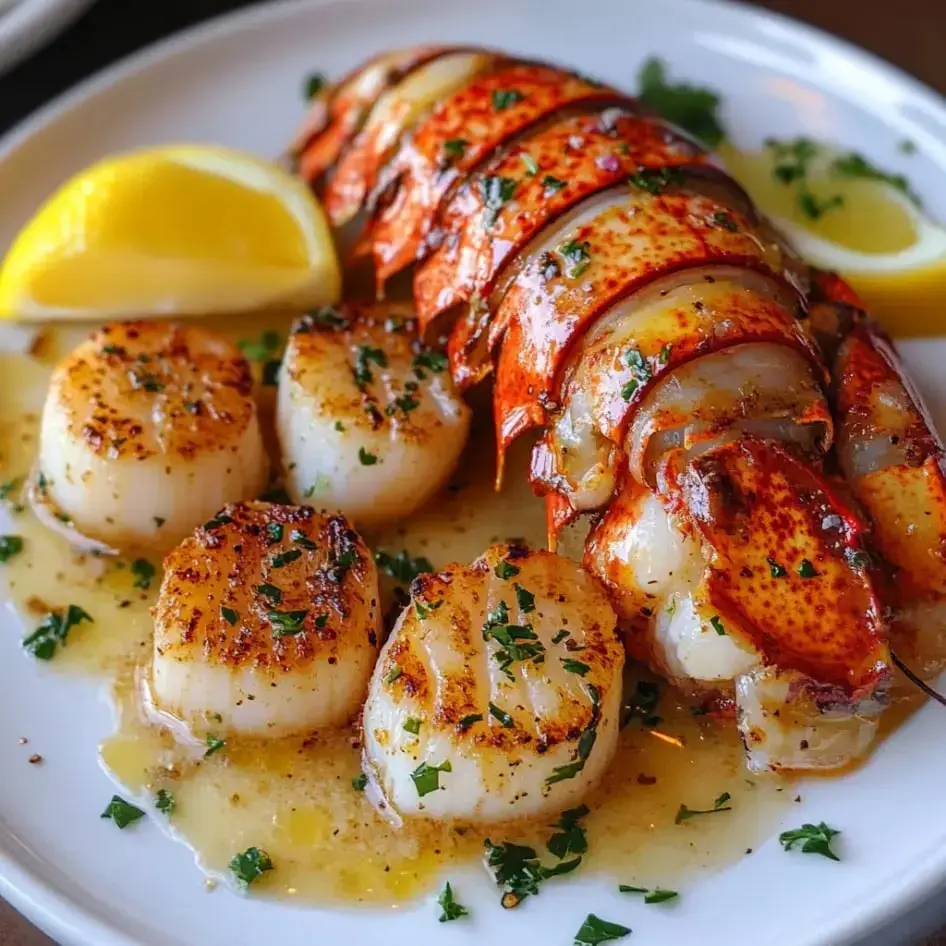 A dish showcasing broiled lobster tails and seared scallops, garnished with parsley and lemon slices.