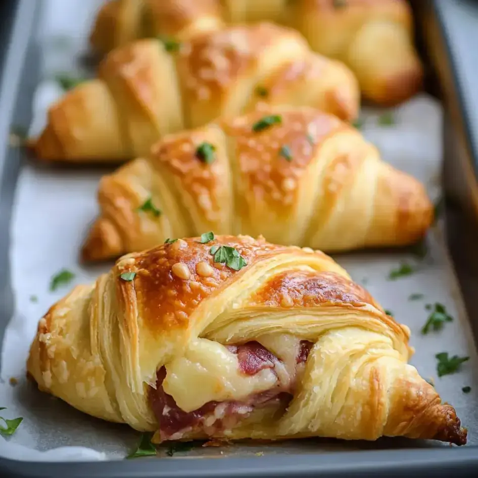 Fresh, flaky rolls filled with meat and cheese on a tray sprinkled with herbs.