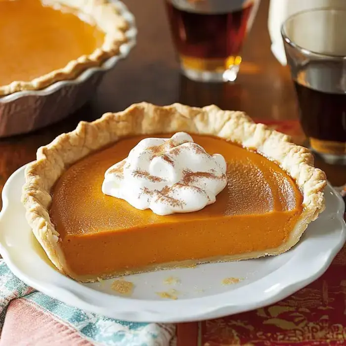 A white plate with a slice of pie topped with whipped cream and cinnamon, a whole pie, and drinks visible in the background.