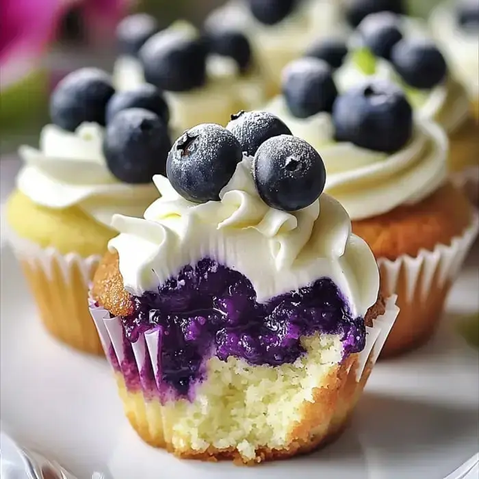 White-frosted cupcakes decorated with blueberries, one sliced open to show a purple center and golden crust.