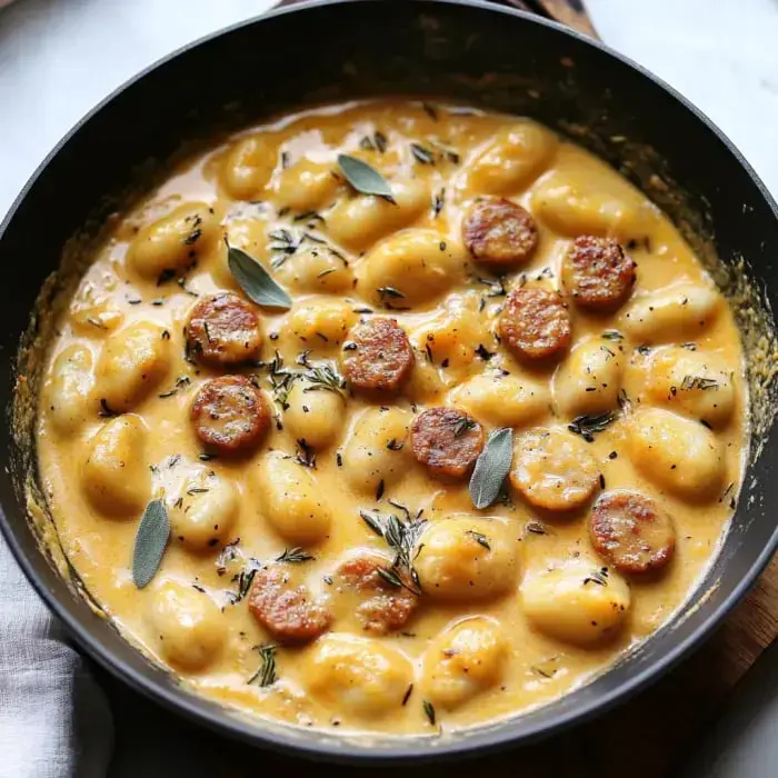 Golden gnocchi in rich squash cream garnished with sausage slices and herbs in a pan.
