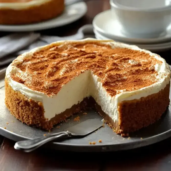 A metal platter holding a creamy cheesecake with a crumbly cinnamon crust, a slice removed, and a sprinkle of cinnamon on top.