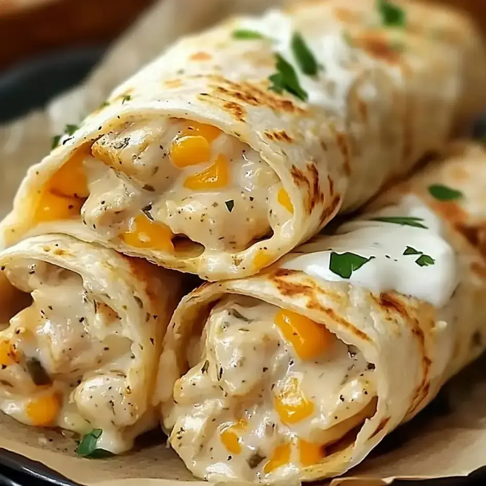Three golden tortillas stuffed with juicy chicken, gooey cheese, and flavorful sauce, topped with parsley.