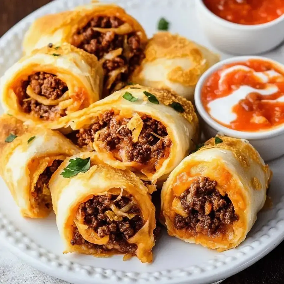 A plate of cheesy, beef-filled taco rolls topped with crunchy Doritos, with dips on the side.