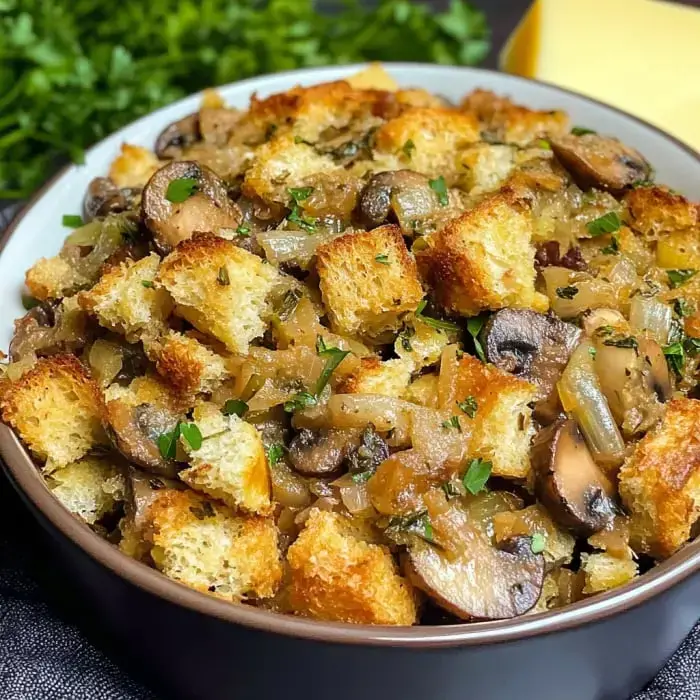 A savory stuffing made with toasty bread, sautéed mushrooms, and onions, topped with fresh parsley.