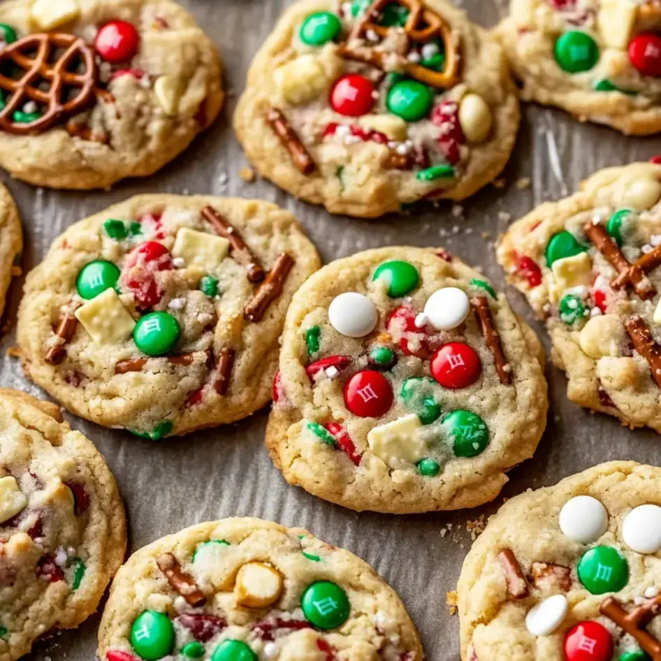 A plate filled with vibrant cookies topped with red and green candy bits, pretzels, and white chocolate chunks.
