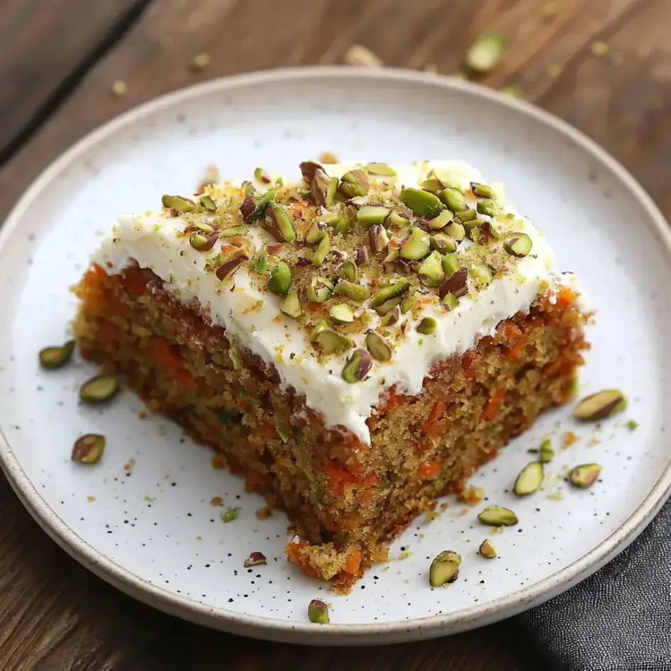 A moist carrot and zucchini cake slice on a white plate, topped with pistachios and smooth cream cheese frosting.