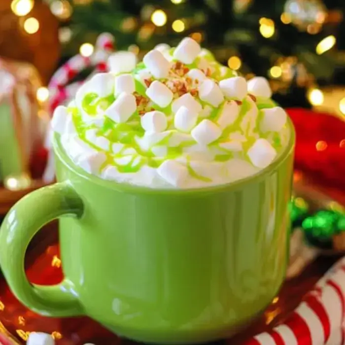 Bright green hot cocoa in a festive mug, topped with whipped cream, marshmallows, and drizzled syrup surrounded by holiday decorations.